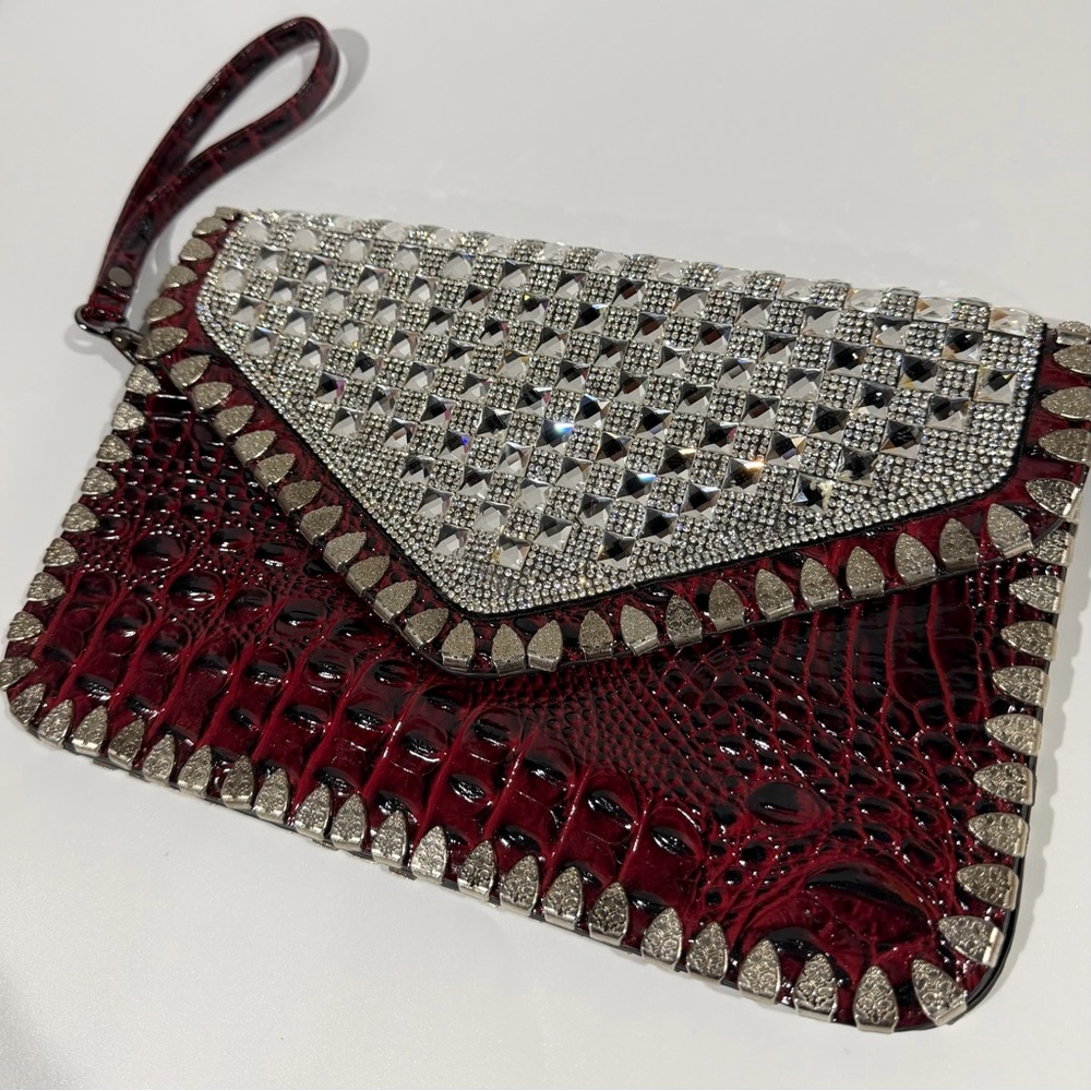 Y2K Vintage Studded Rhinestone Burgundy Red Croc Leather Large Wristlet Clutch